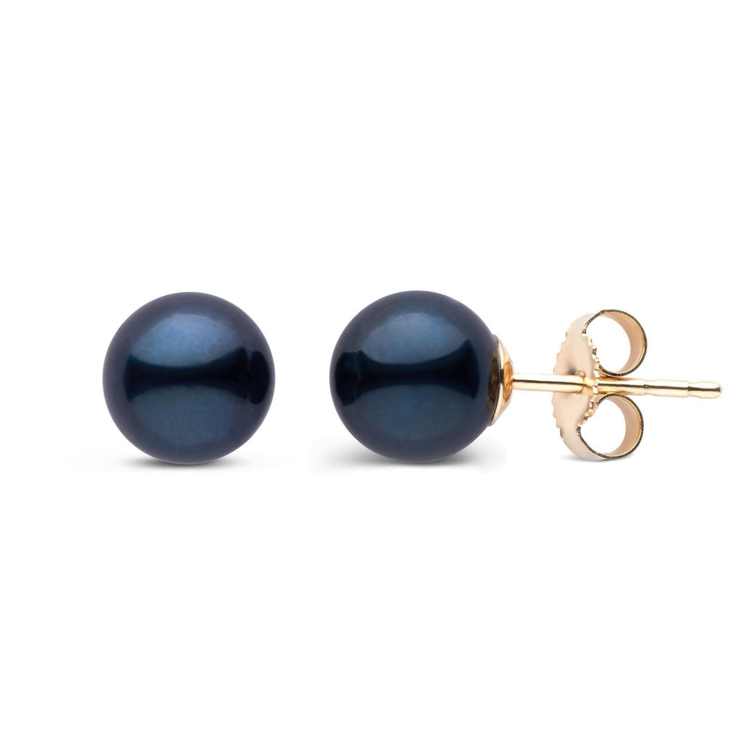 7.0-7.5 mm AA+ Black Akoya Pearl Stud Earrings yellow gold