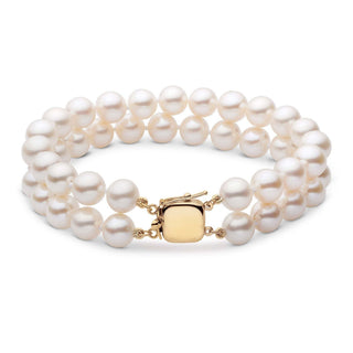 7.0-7.5 mm Double Strand White Akoya AA+ Pearl Bracelet yellow gold