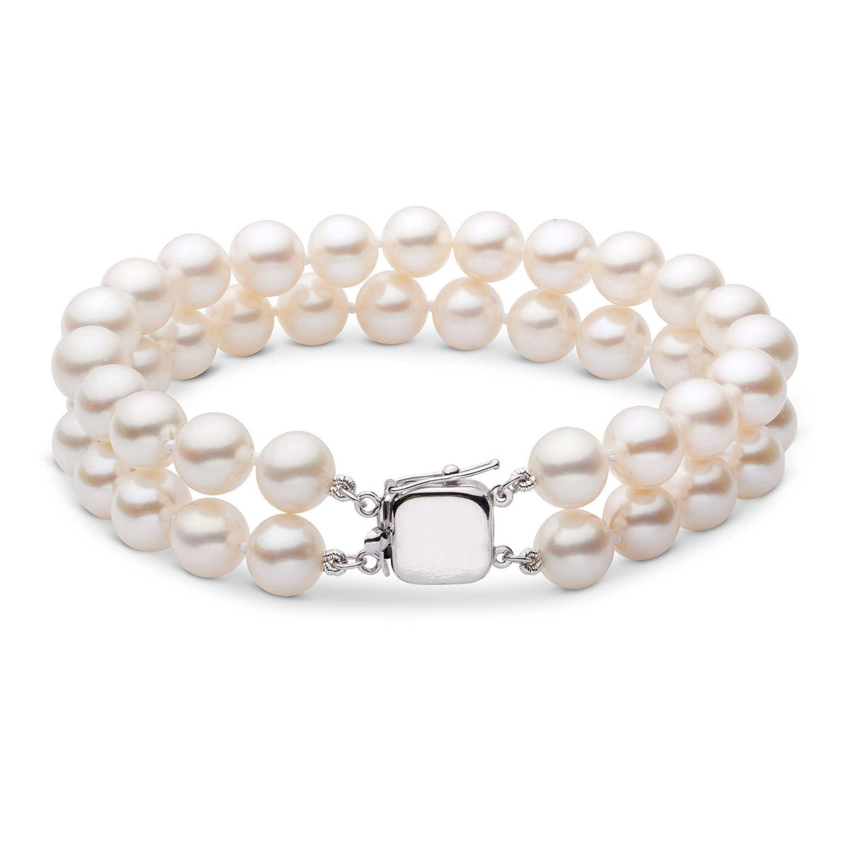 7.0-7.5 mm Double Strand White Akoya AA+ Pearl Bracelet white gold