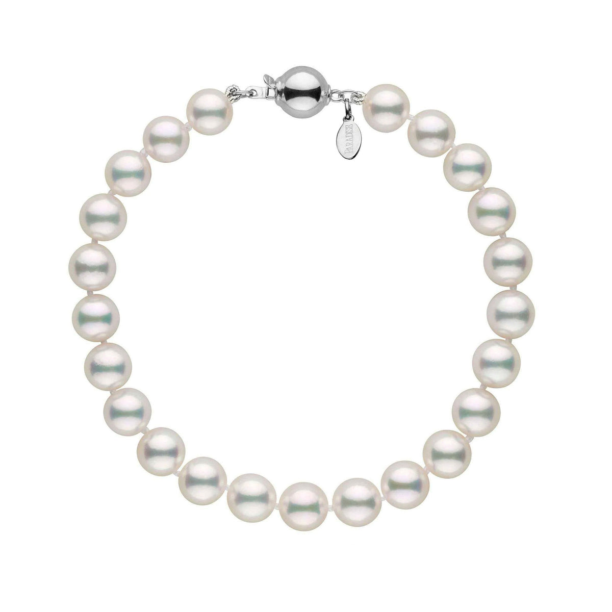 7.0-7.5 mm Natural White Hanadama Akoya Pearl Bracelet White gold polished ball clasp
