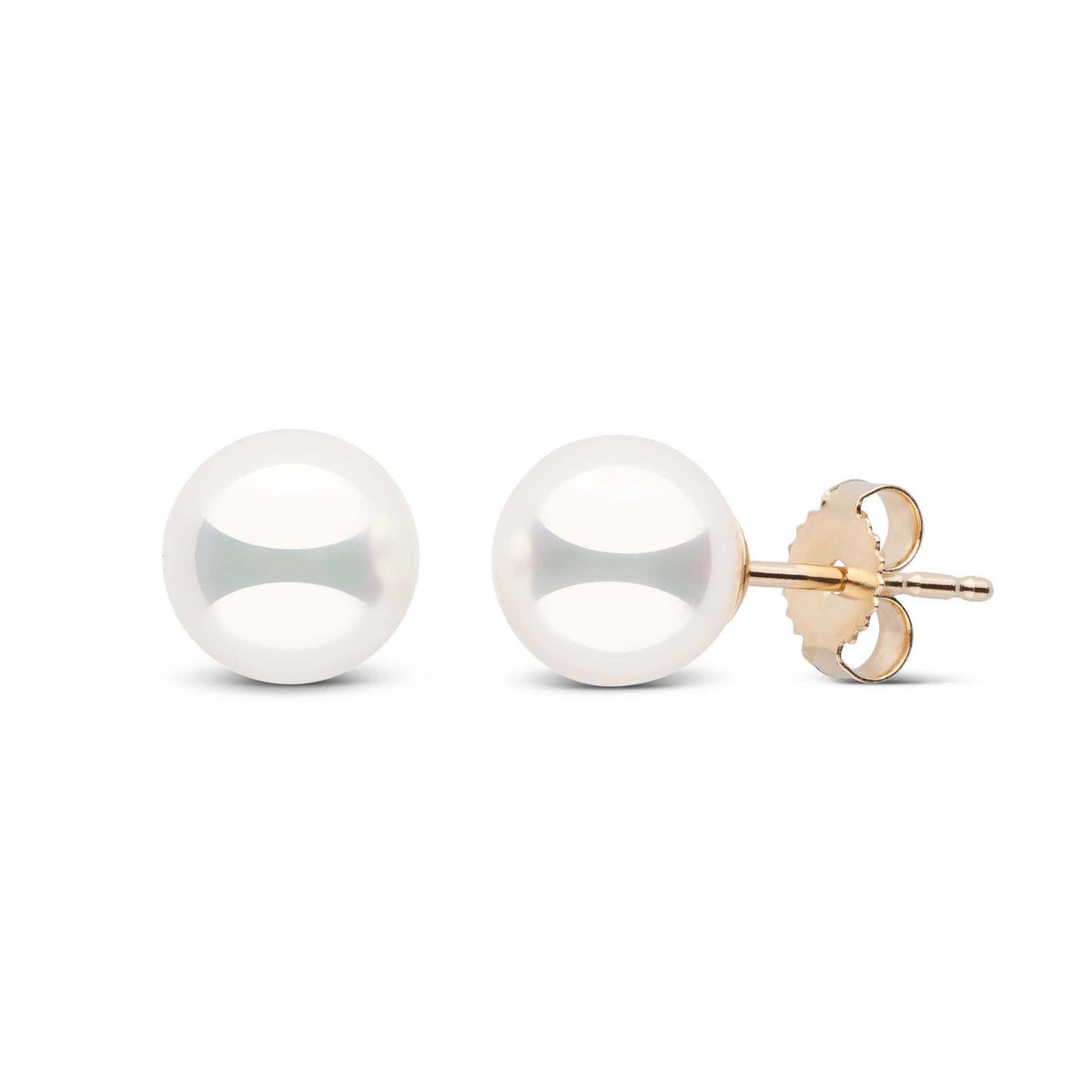 7.0-7.5 mm Natural White Hanadama Pearl Earrings Yellow Gold