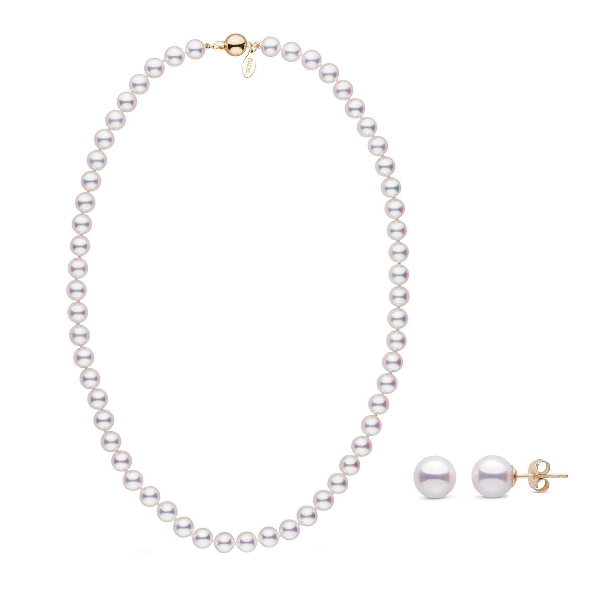 7.0-7.5 mm White Hanadama Akoya Pearl Set Yellow Gold