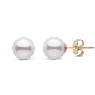 7.0-7.5 mm White Hanadama Pearl Stud Earrings Yellow Gold
