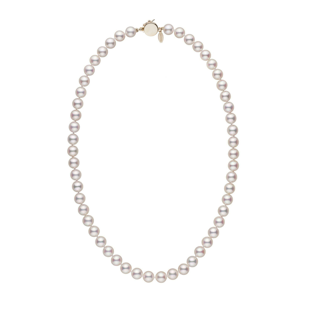 Personalized 18 Inch 7.5-8.0 mm Hanadama Akoya Pearl Circle Clasp Necklace featuring lustrous white akoya pearls and a gold circle clasp for elegant, timeless style.