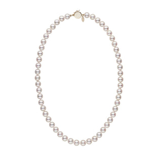 Personalized 18 Inch 7.5-8.0 mm Hanadama Akoya Pearl Circle Clasp Necklace featuring lustrous white akoya pearls and a gold circle clasp for elegant, timeless style.