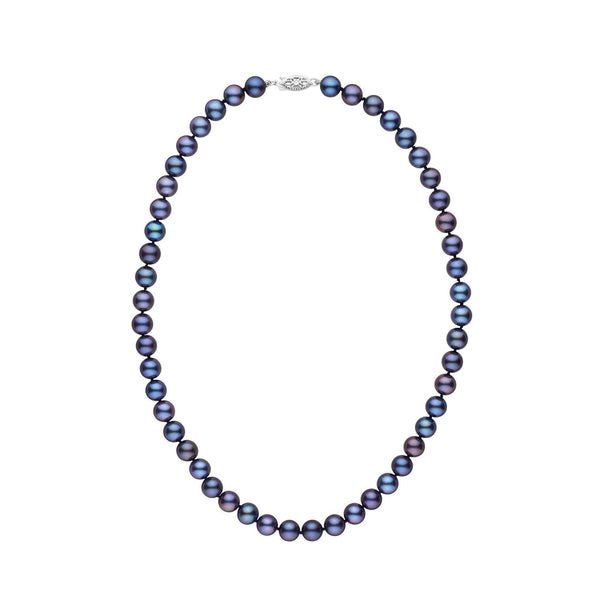7.5-8.0 mm AAA Black Freshwater Pearl Necklace featuring lustrous, round black pearls with subtle iridescent hues, strung on a classic strand with a 14K white gold clasp.