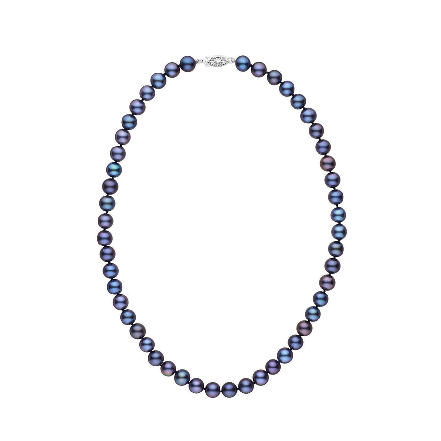 7.5-8.0 mm AAA Black Freshwater Pearl Necklace featuring lustrous, round black pearls with subtle iridescent hues, strung on a classic strand with a 14K white gold clasp.