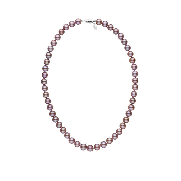 7.5-8.0 mm Lavender Freshadama Freshwater Pearl Necklace featuring lustrous, round lavender freshwater pearls with a secure 14K white gold clasp, a timeless and elegant accessory.