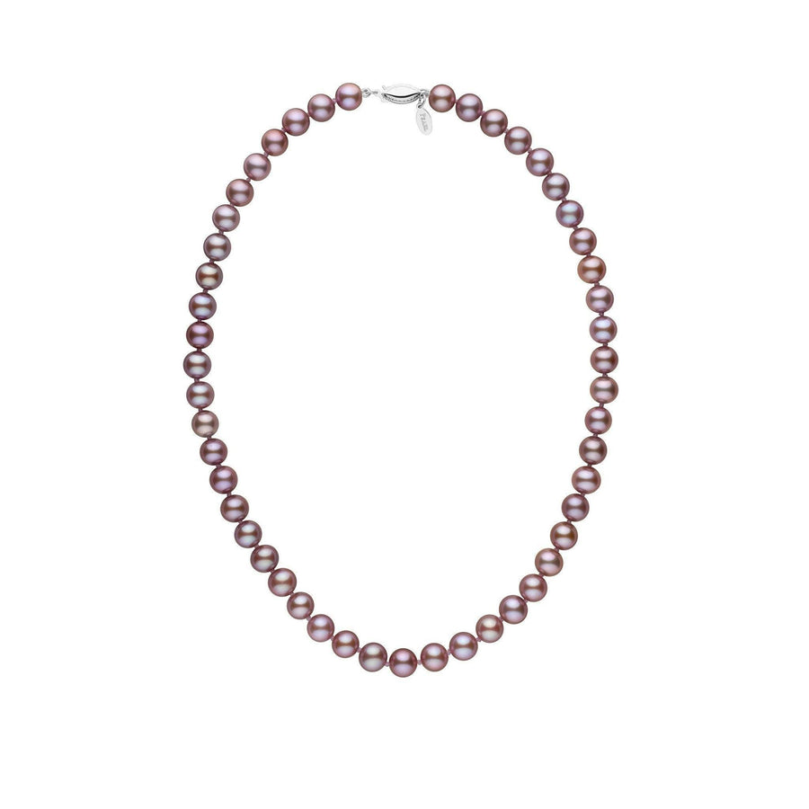 7.5-8.0 mm Lavender Freshadama Freshwater Pearl Necklace featuring lustrous, round lavender freshwater pearls with a secure 14K white gold clasp, a timeless and elegant accessory.