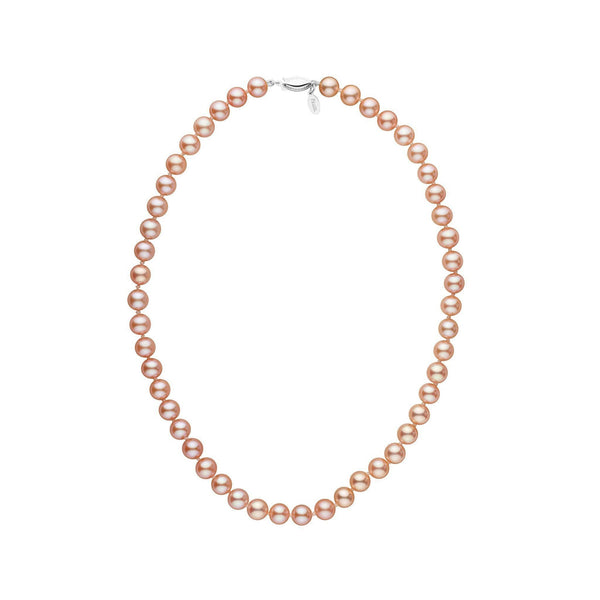 7.5-8.0 mm Pink to Peach Freshadama Freshwater Pearl Necklace featuring a strand of round freshwater pearls in soft pink and peach hues with a 14K white gold clasp.