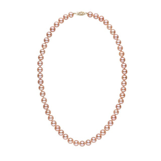 7.5-8.0 mm AA+ Pink to Peach Freshwater Pearl Necklace featuring lustrous round pearls in soft pink and peach hues with a decorative clasp on a white background
