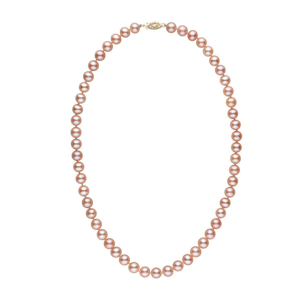 7.5-8.0 mm AA+ Pink to Peach Freshwater Pearl Necklace featuring lustrous round pearls in soft pink and peach hues with a decorative clasp on a white background