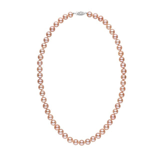 Elegant strand of 7.5-8.0 mm AA+ Pink to Peach Freshwater Pearl Necklace with lustrous round pearls and a 14K white gold clasp, perfect for refined and timeless style.