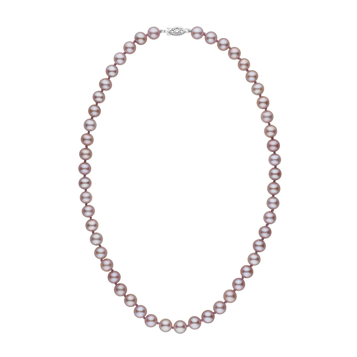 7.5-8.0 mm AAA Lavender Freshwater Pearl Necklace featuring lustrous round lavender pearls with a secure clasp, showcasing fine quality freshwater pearls in a classic strand design.
