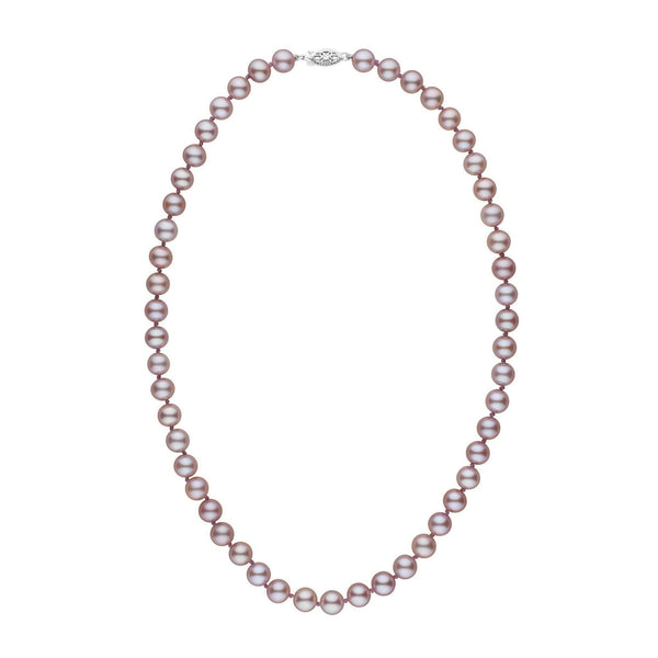 7.5-8.0 mm AAA Lavender Freshwater Pearl Necklace featuring lustrous round lavender pearls with a secure clasp, showcasing fine quality freshwater pearls in a classic strand design.
