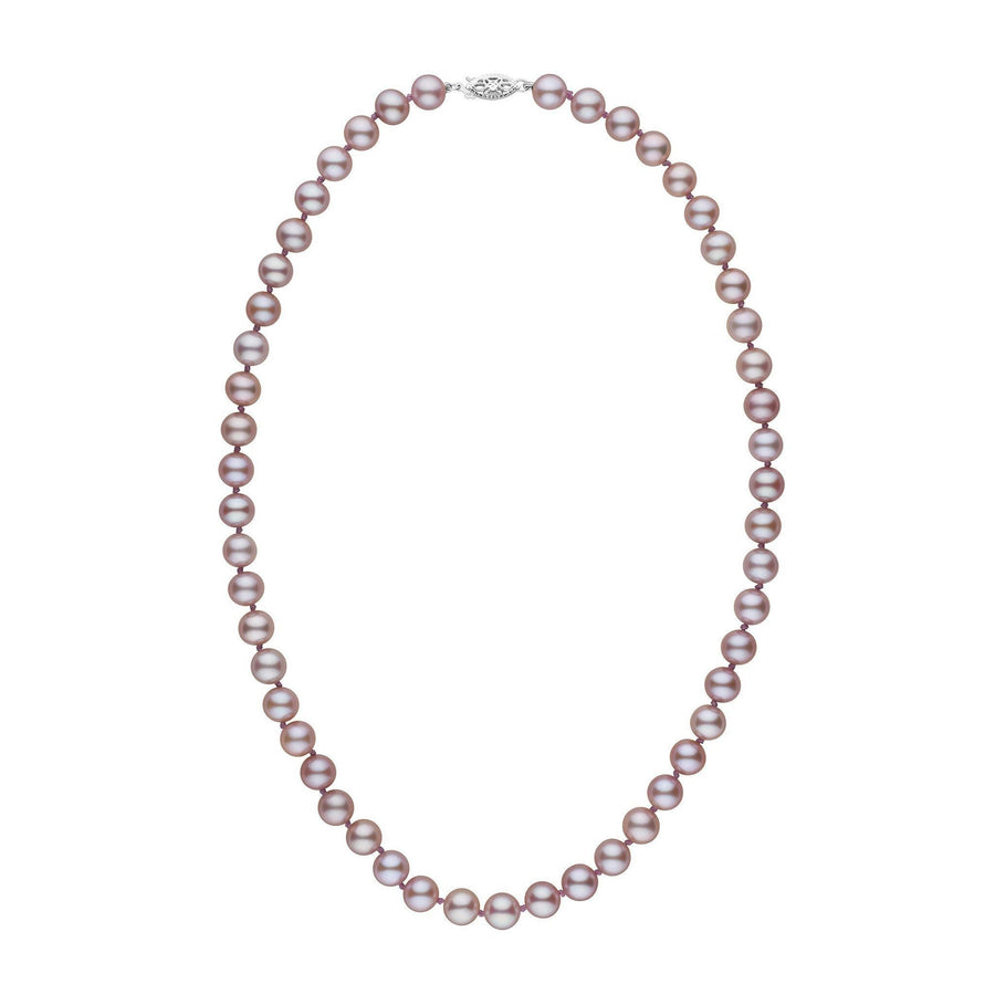 7.5-8.0 mm AAA Lavender Freshwater Pearl Necklace featuring lustrous round lavender pearls with a secure clasp, showcasing fine quality freshwater pearls in a classic strand design.