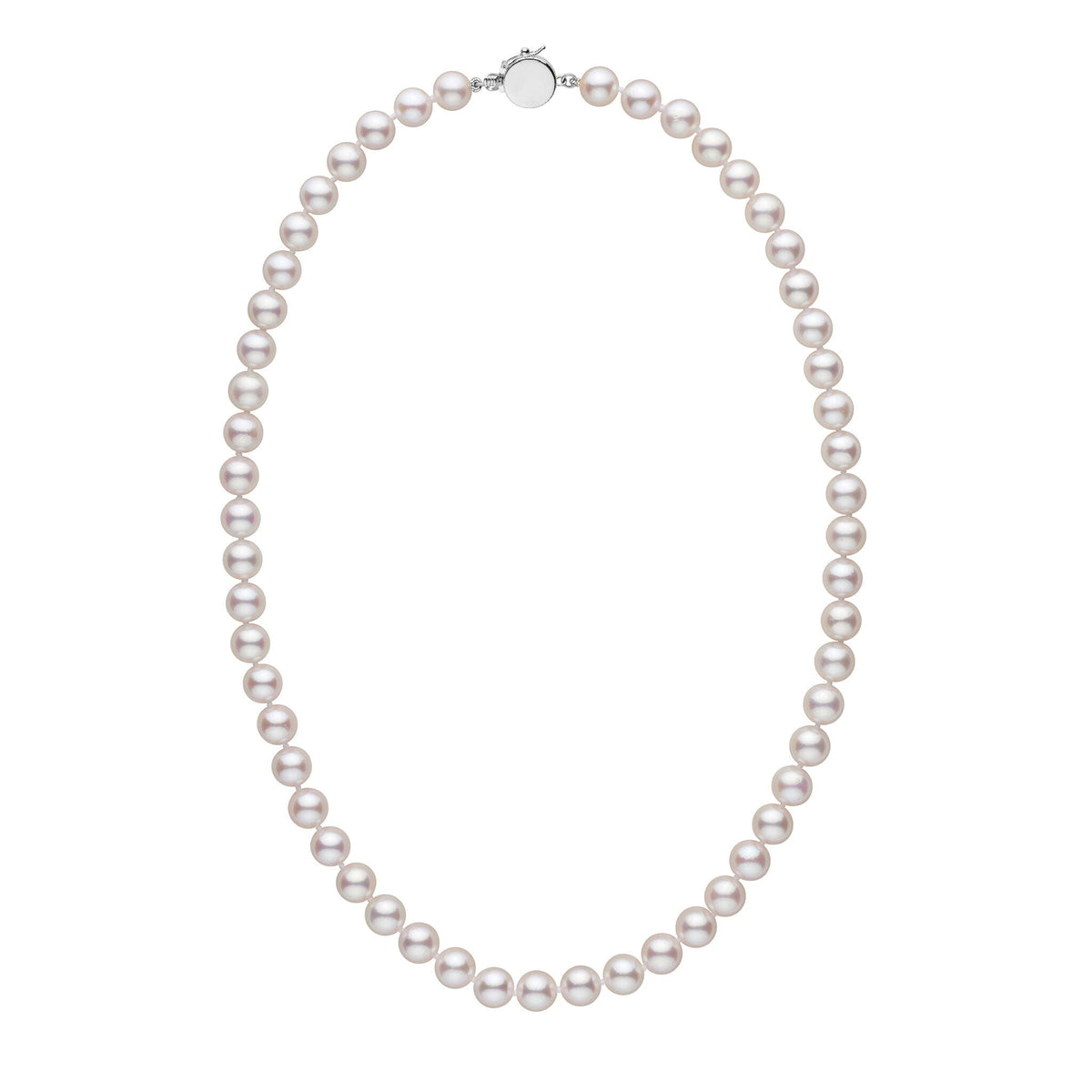 Personalized 18 Inch 7.5-8.0 mm AAA Akoya Pearl Circle Clasp Necklace featuring lustrous white akoya pearls with a secure round clasp for elegant wear.