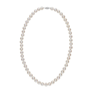 A single strand of AAA white freshwater pearls, nearly perfectly round, with high luster and smooth surfaces, knotted on twin silk.