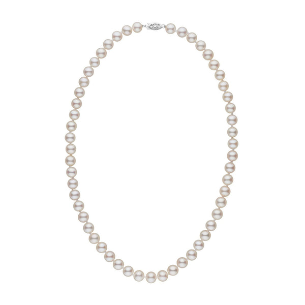 A single strand of AAA white freshwater pearls, nearly perfectly round, with high luster and smooth surfaces, knotted on twin silk.
