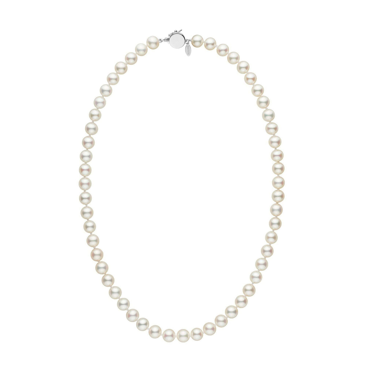 Personalized 7.5-8.0 mm White Freshadama Freshwater Pearl Circle Clasp Necklace featuring lustrous white freshwater pearls with a secure 14K white gold circle clasp.
