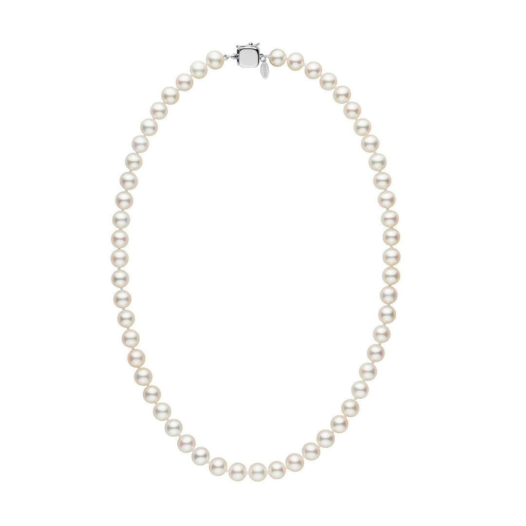 Personalized 7.5-8.0 mm White Freshadama Freshwater Pearl Square Clasp Necklace featuring round white freshwater pearls with a square silver clasp in a classic strand design.