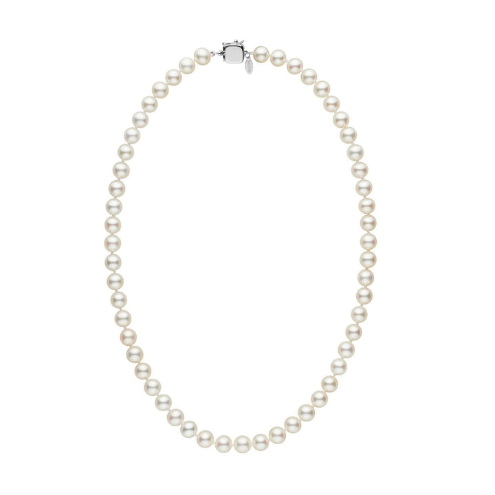 Personalized 7.5-8.0 mm White Freshadama Freshwater Pearl Square Clasp Necklace featuring round white freshwater pearls with a square silver clasp in a classic strand design.