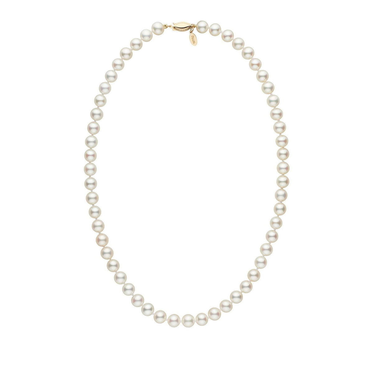 7.5-8.0 mm White Freshadama Freshwater Pearl Necklace featuring a classic strand of lustrous white freshwater pearls with a gold clasp, elegant and timeless pearl necklace design.