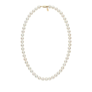 7.5-8.0 mm White Freshadama Freshwater Pearl Necklace featuring a classic strand of lustrous white freshwater pearls with a gold clasp, elegant and timeless pearl necklace design.