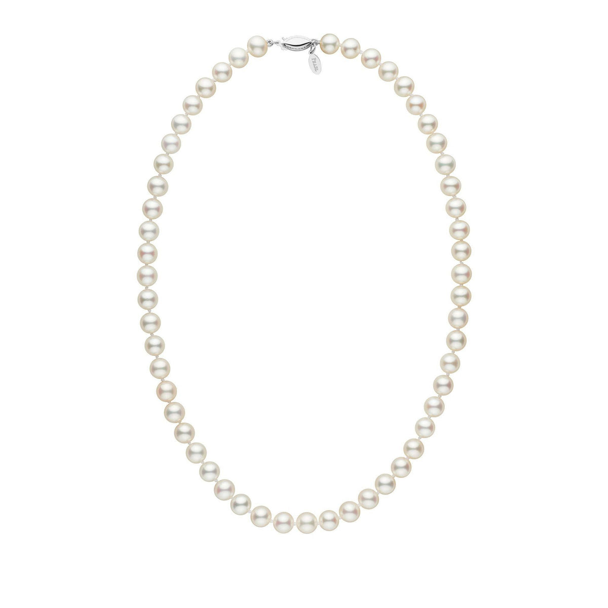 7.5-8.0 mm White Freshadama Freshwater Pearl Necklace featuring lustrous, round white freshwater pearls strung in a classic strand with a 14K white gold clasp.