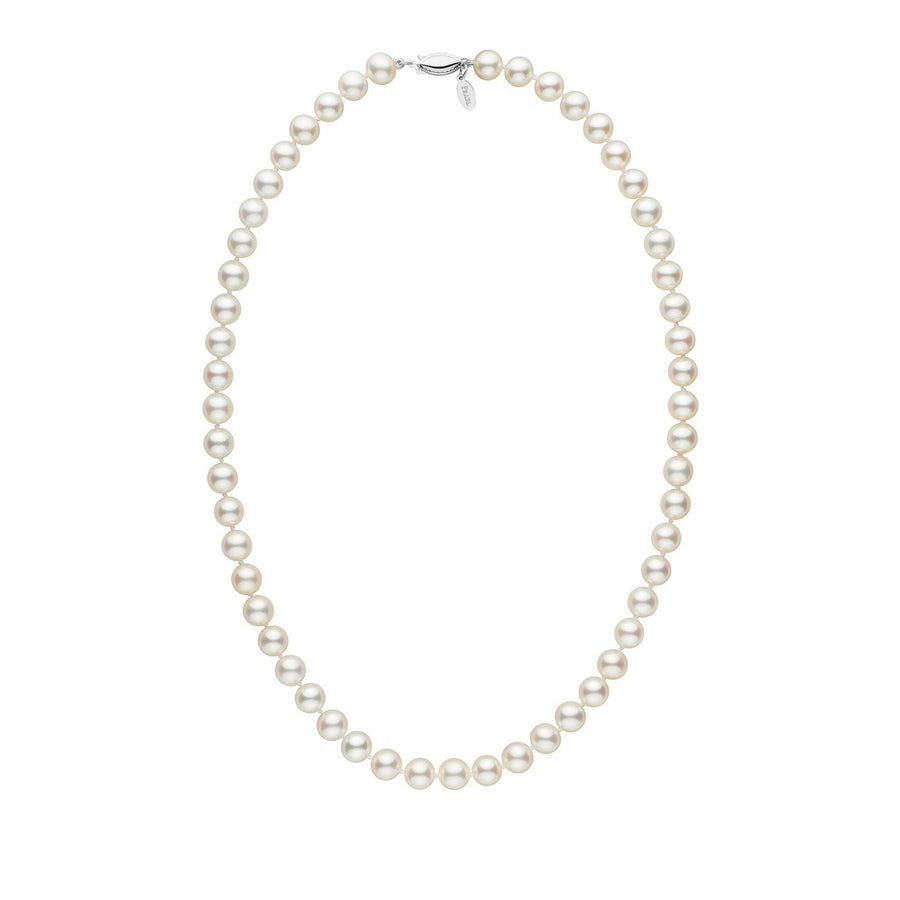 7.5-8.0 mm White Freshadama Freshwater Pearl Necklace featuring lustrous, round white freshwater pearls strung in a classic strand with a 14K white gold clasp.