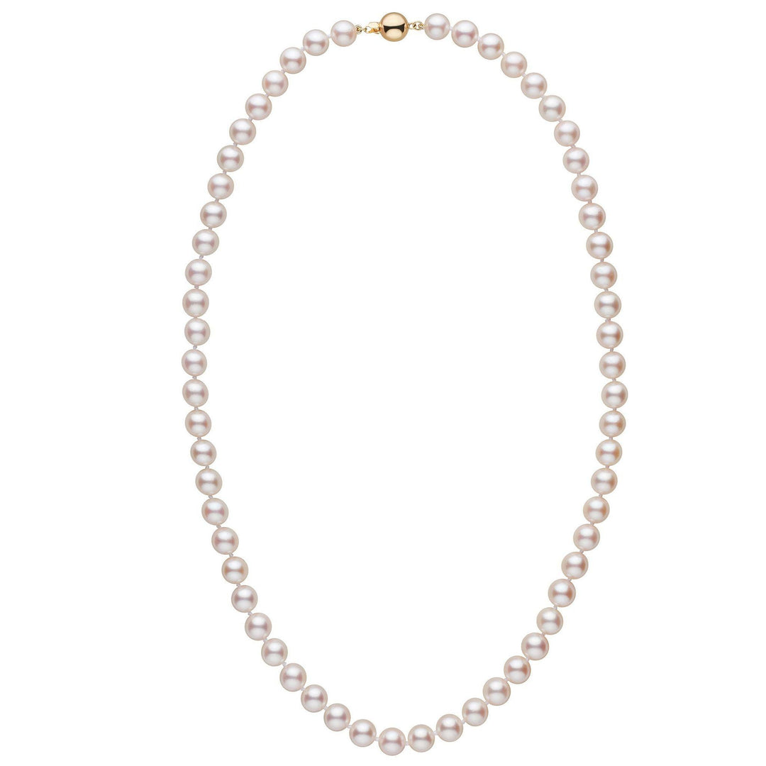 7.5-8.0 mm 22 inch AA+ White Akoya Pearl Necklace yellow gold