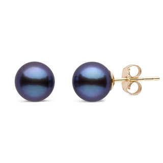 7.5-8.0 mm AAA Black Freshwater Pearl Stud Earrings with deep luster and smooth surface, set on gold posts, elegant and classic fine pearl earrings for everyday wear.