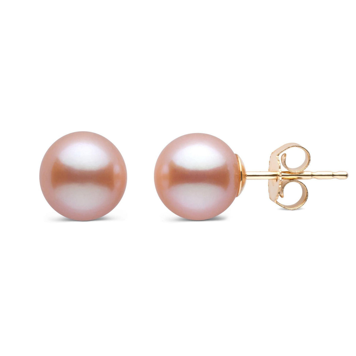 7.5-8.0 mm AAA Pink to Peach Freshwater Pearl Stud Earrings with smooth round pearls set on gold posts, elegant and classic design perfect for everyday wear.