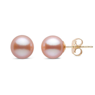 7.5-8.0 mm AAA Pink to Peach Freshwater Pearl Stud Earrings with smooth round pearls set on gold posts, elegant and classic design perfect for everyday wear.