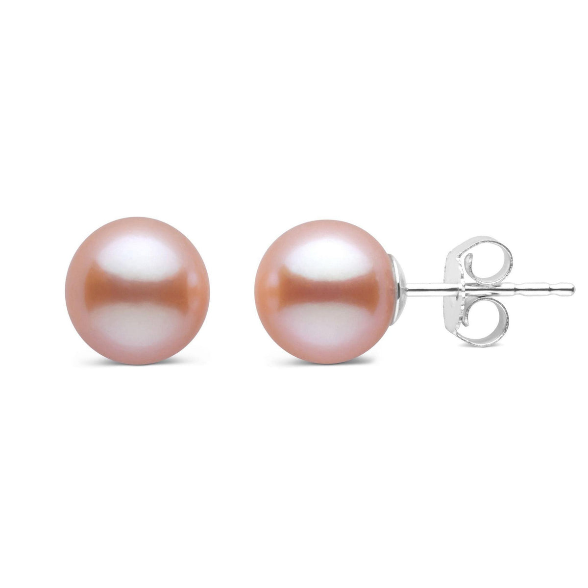 7.5-8.0 mm AAA Pink to Peach Freshwater Pearl Stud Earrings featuring round, lustrous pearls with 14K white gold posts, perfect for elegant everyday wear or special occasions.