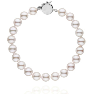 Personalized 7.5-8.0 mm AAA Akoya Pearl Circle Clasp Bracelet featuring round white akoya pearls with a smooth 14K white gold circle clasp on a white background.
