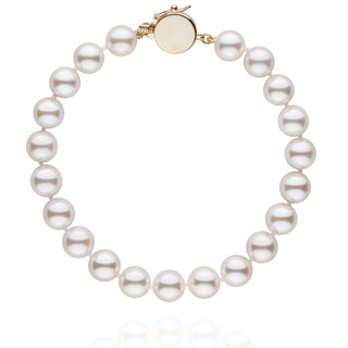 Personalized 7.5-8.0 mm AAA Akoya Pearl Circle Clasp Bracelet featuring lustrous white cultured pearls and a polished gold circle clasp for an elegant finish.