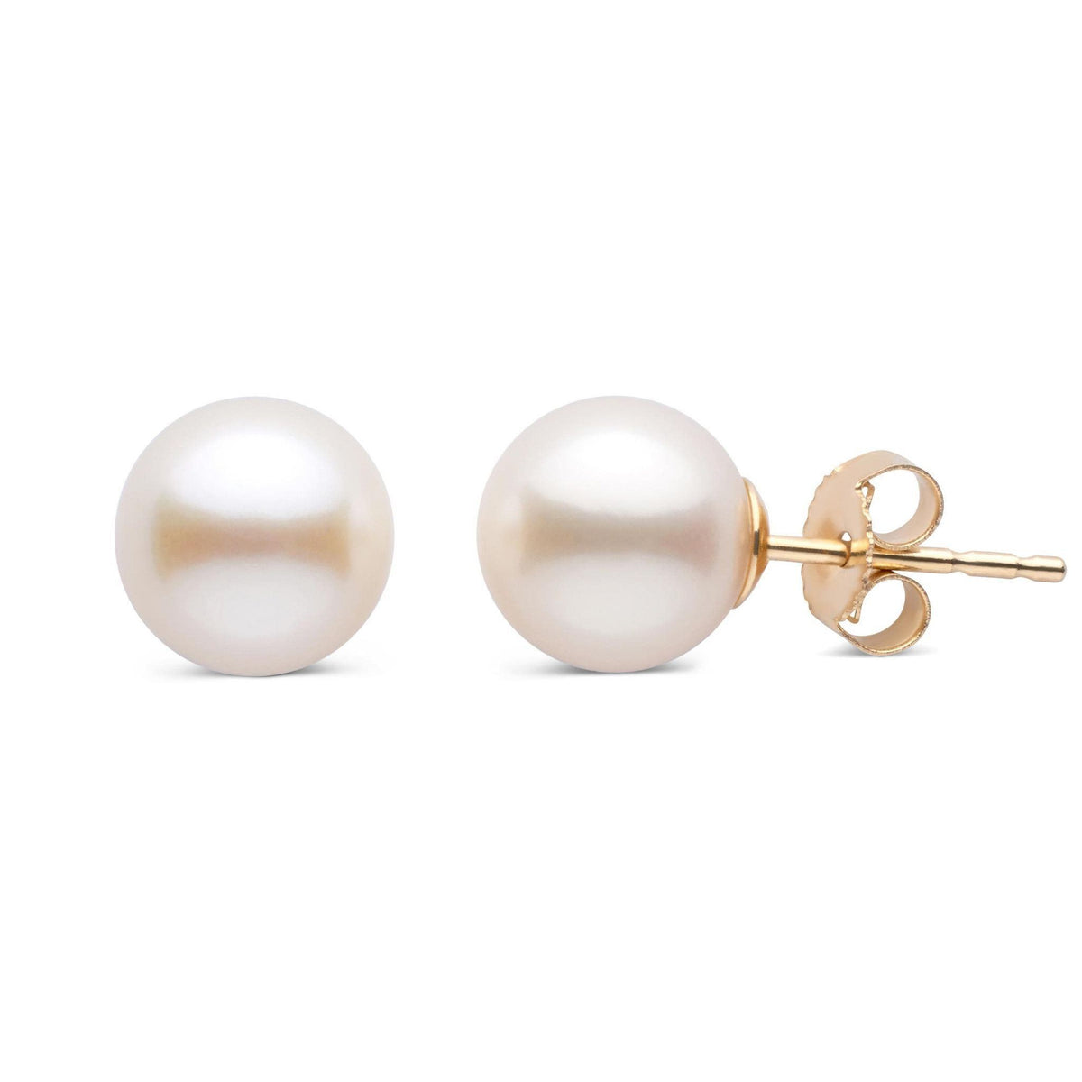 7.5-8.0 mm AAA White Freshwater Pearl Stud Earrings with lustrous white pearls set on gold posts, showcasing classic elegance and timeless style.