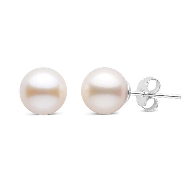 7.5-8.0 mm AAA white freshwater pearl stud earrings featuring round, lustrous pearls set on 14K white gold posts for a classic and elegant look.