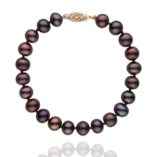 7.5-8.0 mm Black Freshwater AA+ Pearl Bracelet featuring lustrous round black freshwater pearls with subtle iridescent hues and an ornate gold clasp.