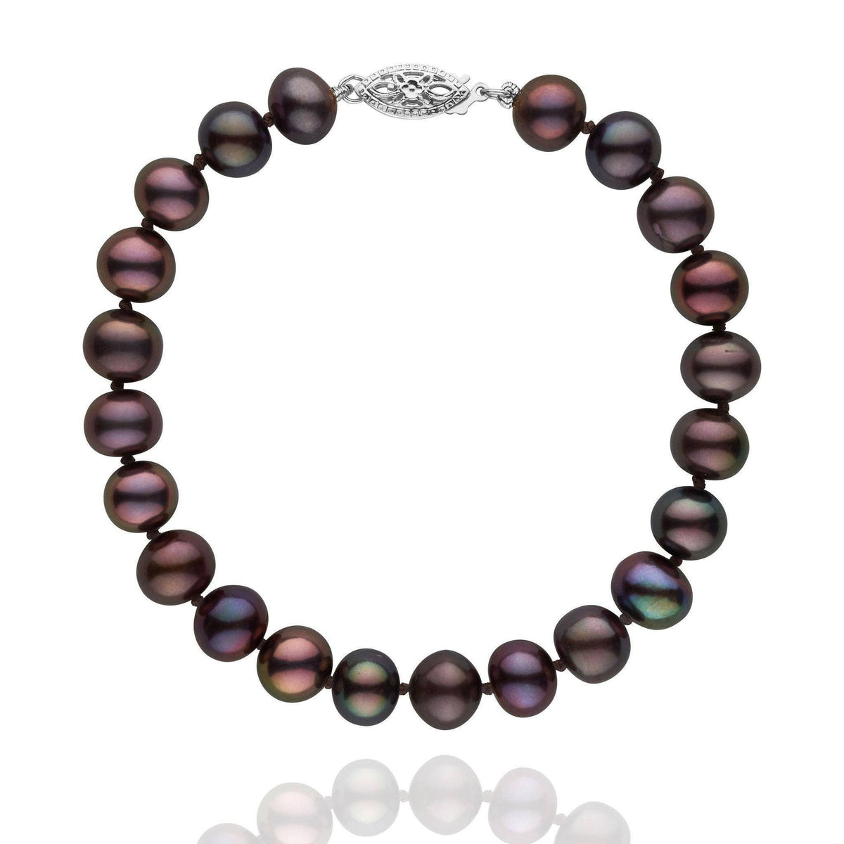 7.5-8.0 mm Black Freshwater AA+ Pearl Bracelet featuring round, lustrous black pearls with subtle iridescent hues and a decorative 14K white gold clasp.
