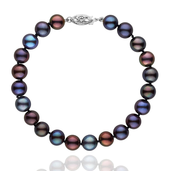 7.5-8.0 mm Black Freshwater AAA Pearl Bracelet featuring lustrous dark pearls with subtle iridescent hues and a decorative 14K white gold clasp, showcasing elegant craftsmanship.