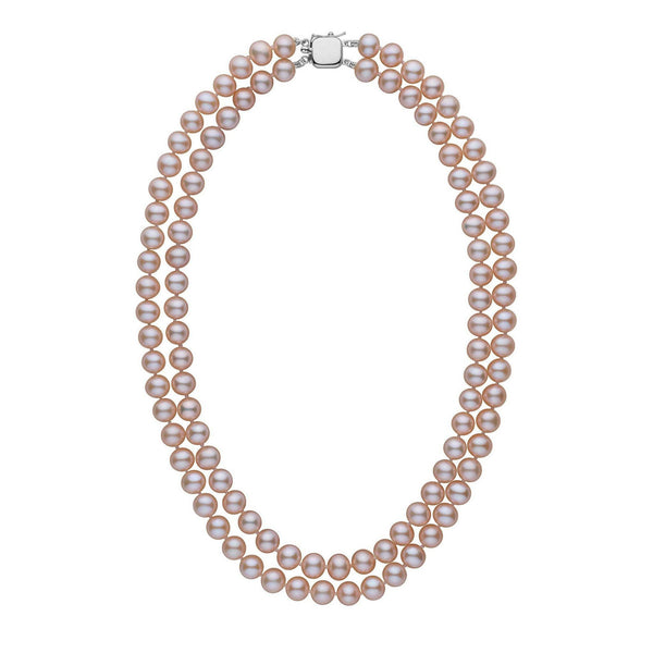 A double strand of round-shaped freshwater pearl necklace with a lavender color gradient and a gold clasp.