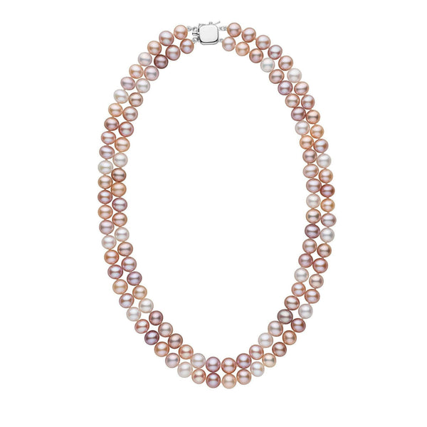 A double strand of multicolor freshwater pearls with a gold clasp, displayed against a white background.