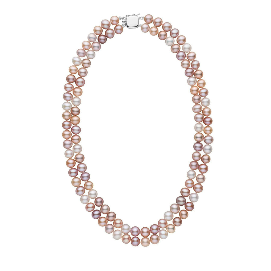A double strand of multicolor freshwater pearls with a gold clasp, displayed against a white background.