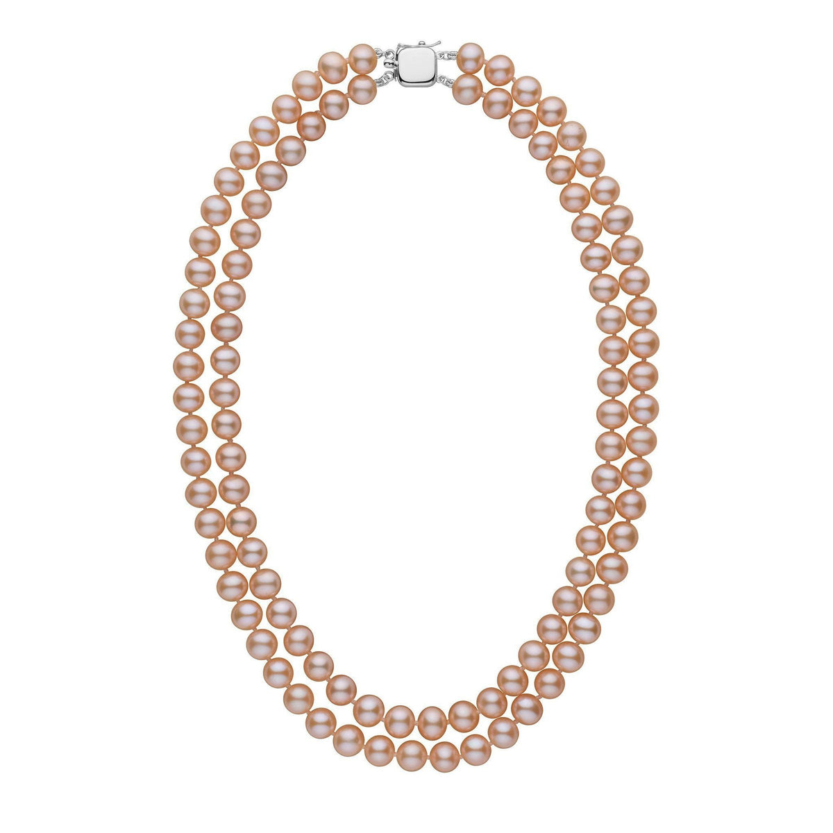 A double strand of round pink to peach freshwater pearls with a white gold clasp.