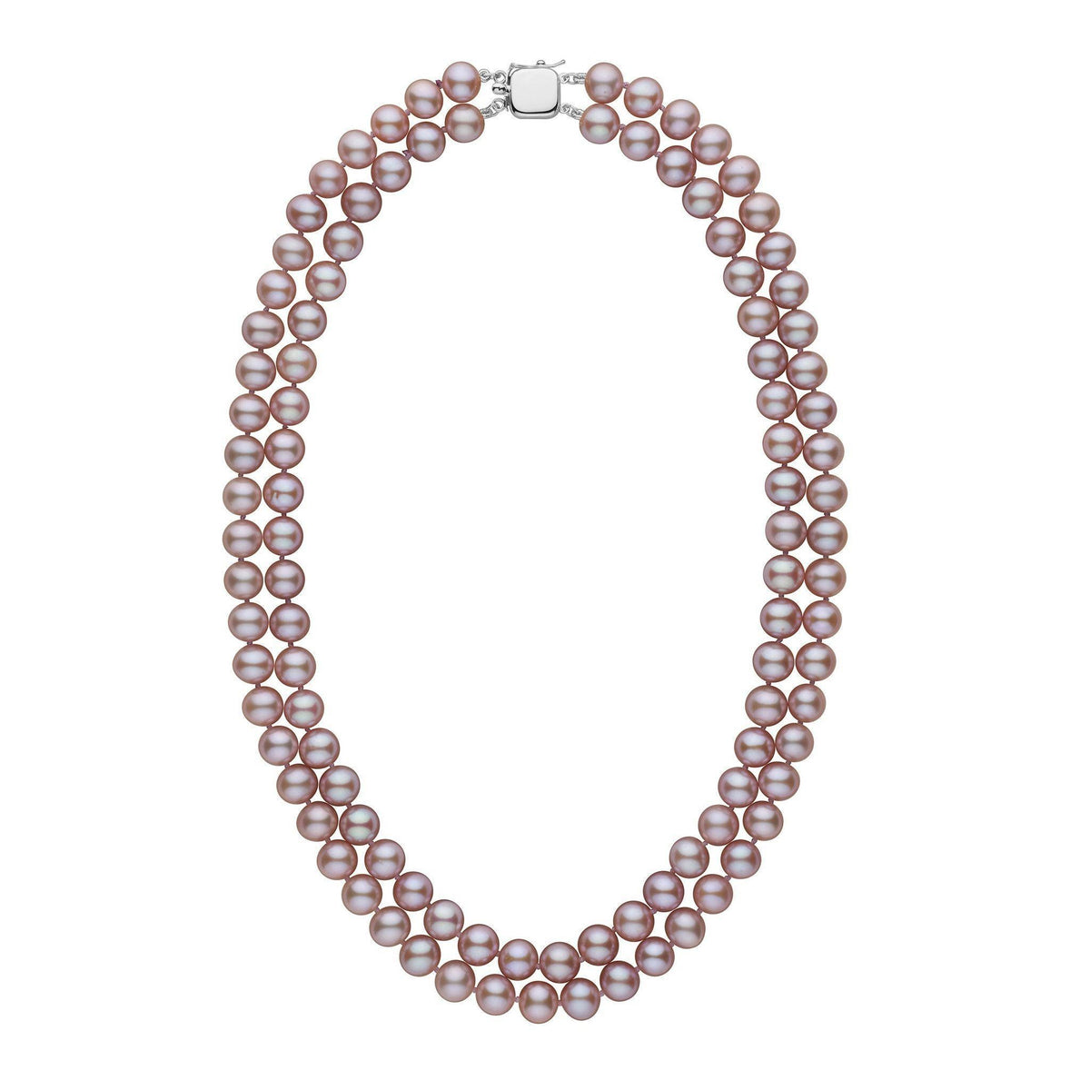 A double strand of lavender freshwater pearls with a clasp, knotted and displayed against a white background.