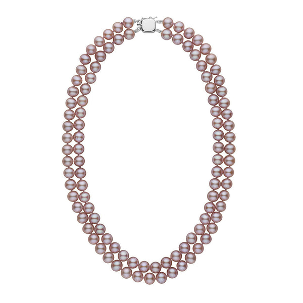 A double strand of lavender freshwater pearls with a clasp, knotted and displayed against a white background.