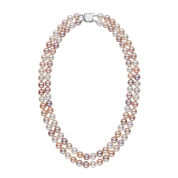 A double strand of multicolor freshwater pearls with a white gold clasp, displayed against a white background.