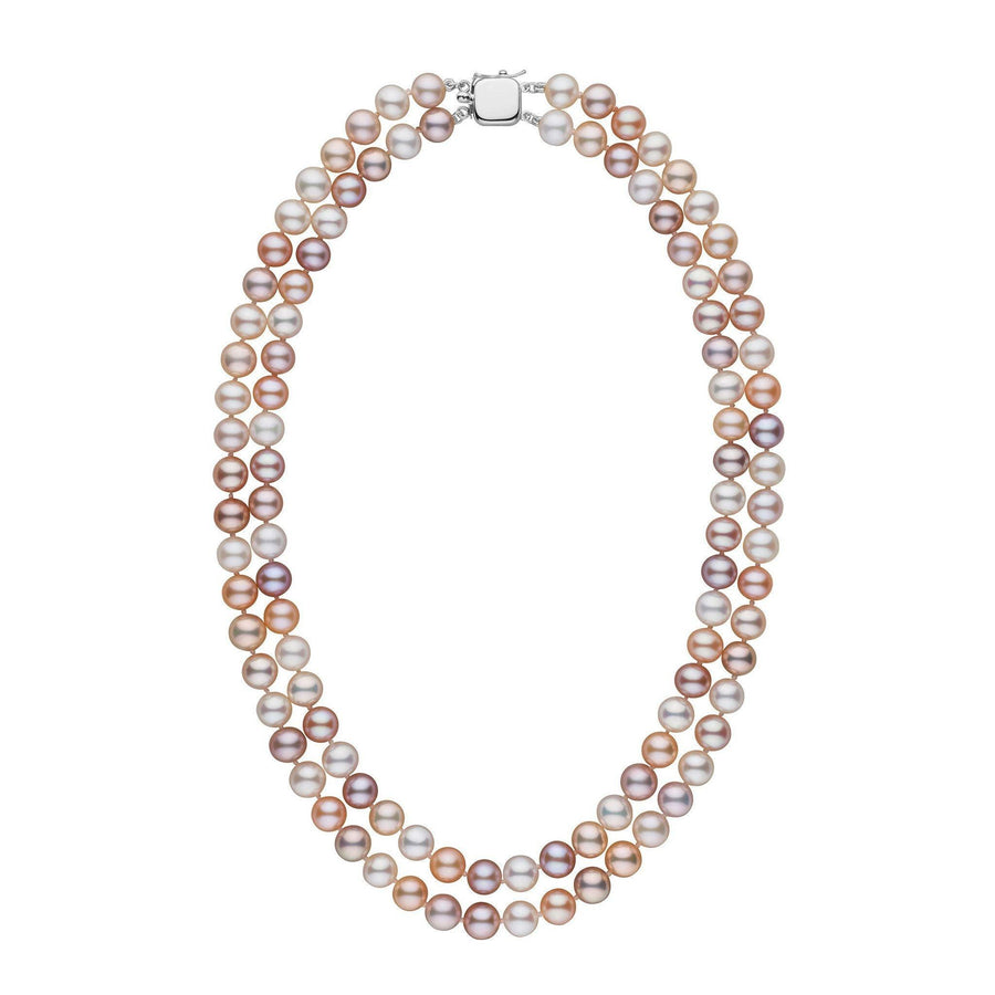 A double strand of multicolor freshwater pearls with a white gold clasp, displayed against a white background.